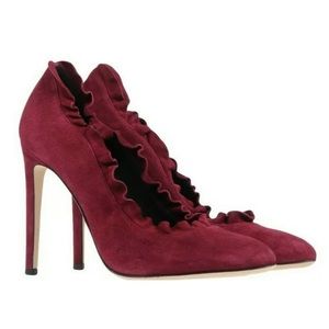 New Giuseppe Zanotti Marjorie Ruffle Pumps Suede Bimba Burgundy Sz 40 US10